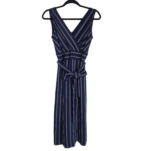 Antonio Melani Sleeveless Dress size 4 Navy Blue White Stripe Belted V Neck - Picture 1 of 12